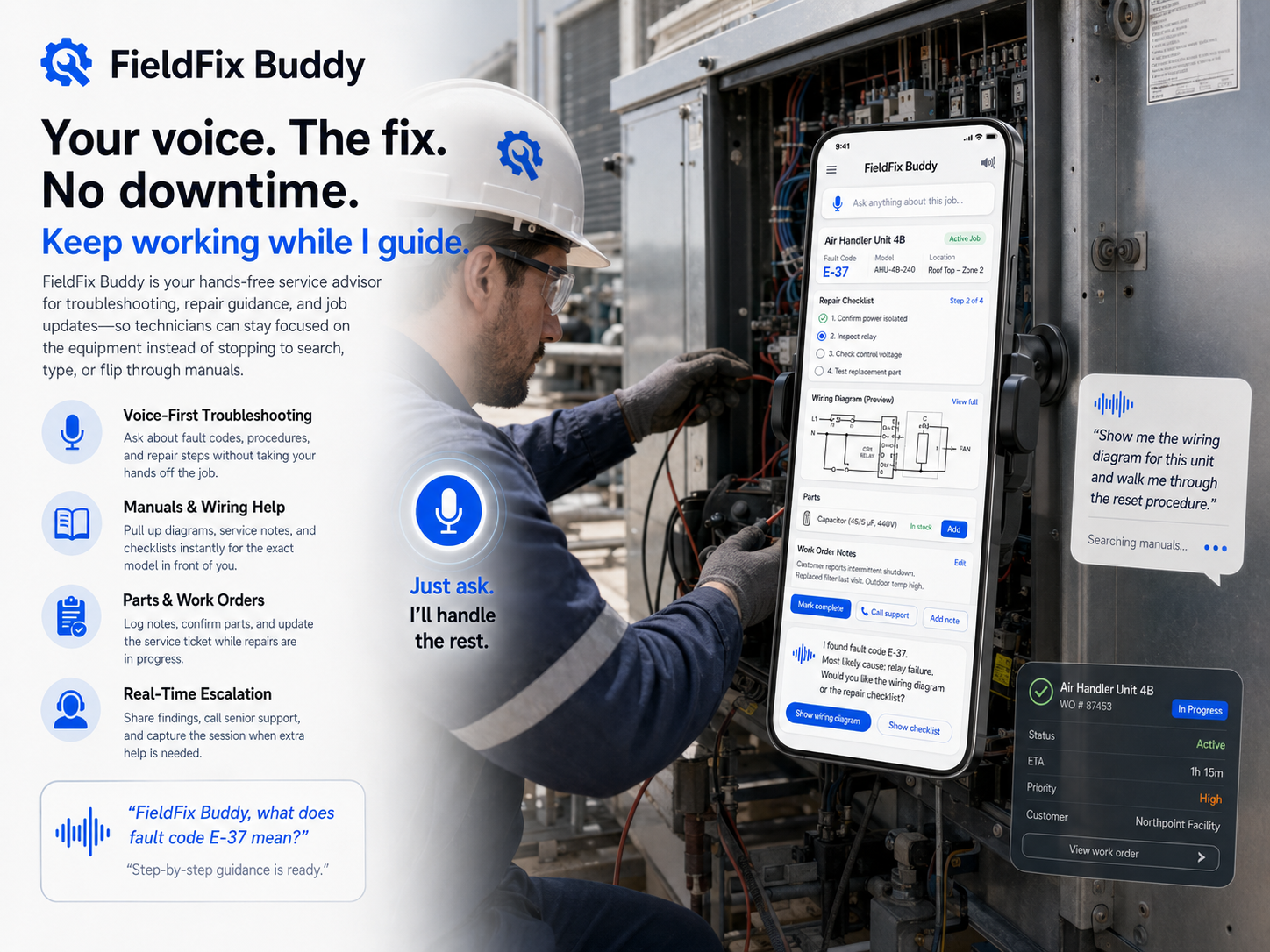 Field service voice agent for hands-free work orders and diagnostics